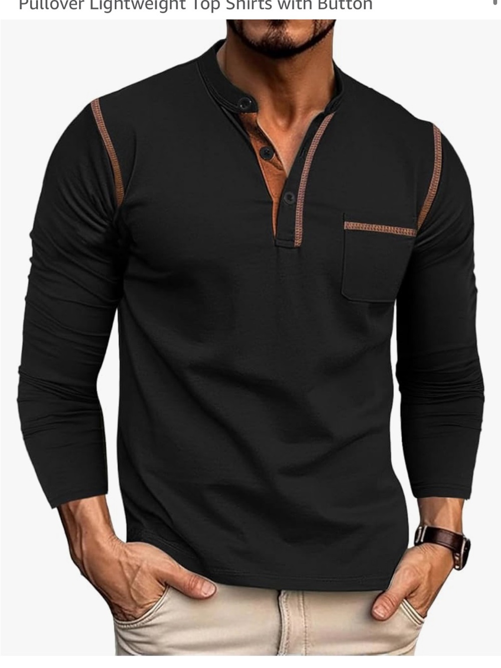 Men's Black Long Sleeve Henley with Contrast Brown Trim